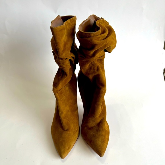 SCHUTZ 9 Ashlee Suede Bootie Stiletto Heel Pointed Toe Tan Leather - Picture 3 of 9